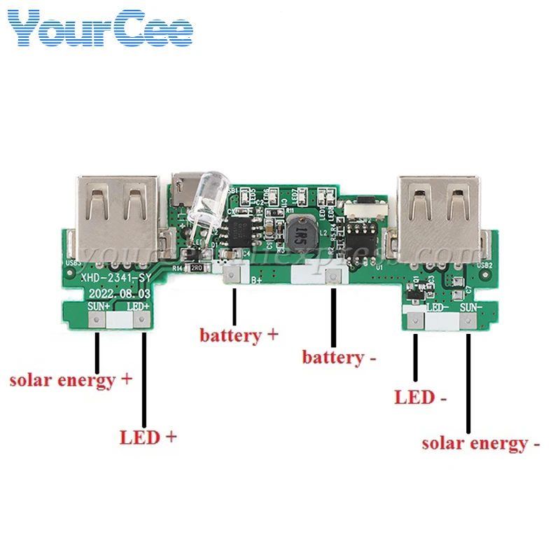 2 USB 5V 2A Mobile Power Bank Charger Module Lithium Li-ion 18650 Battery Charging Board LED Indicator 5V 200mA Solar Panel PCB