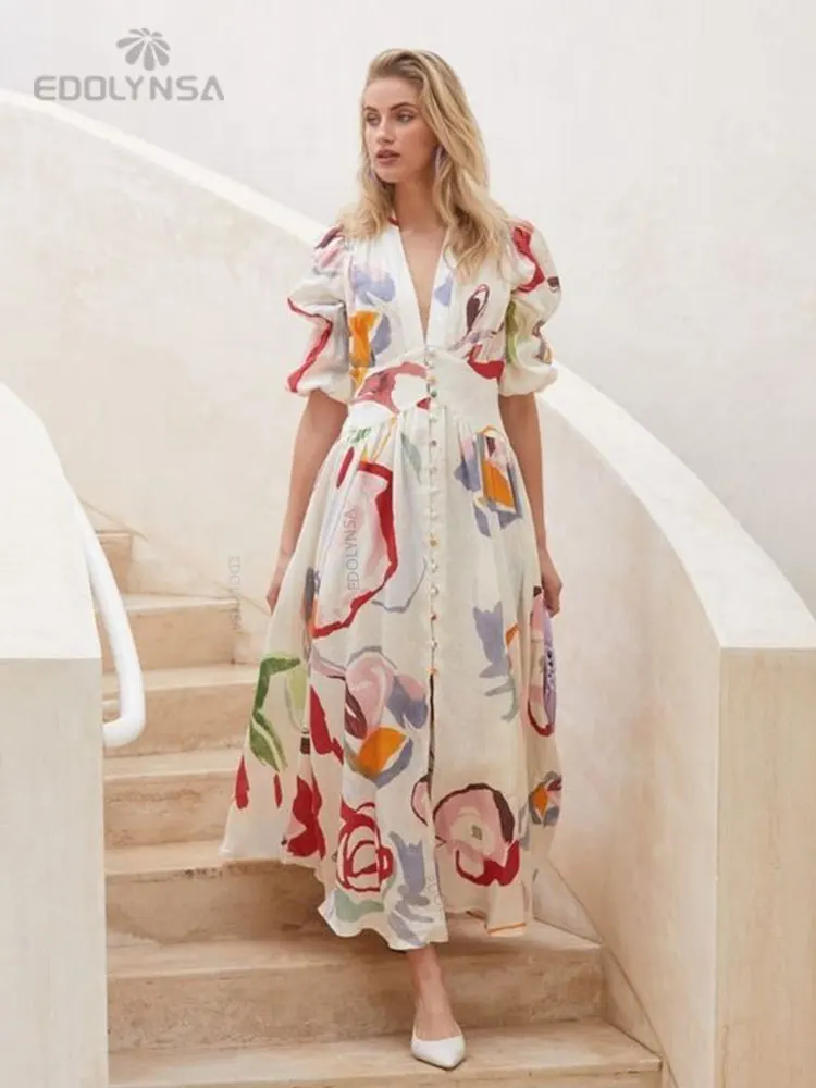 

Elegant Print Dress Pile Up Sleeves Front Open Self Belted 2023 Summer Tunic Women Plus Size Casual Lady Beach Maxi Dress A1079