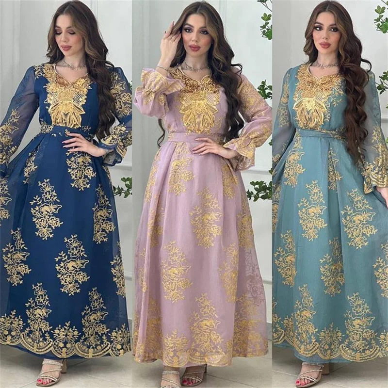 Mesh Sequin Gold Thread Embroidery Gurban Arab Dubai Robe Modest Muslim Moroccan Kaftan Party Evening Dresses Eid Al Adha New