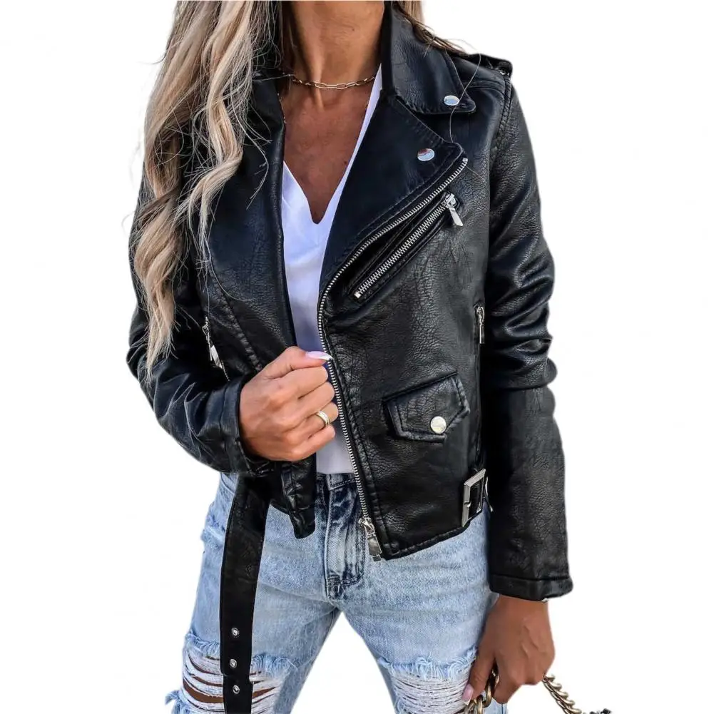 

Women Jacket Zipper Faux Leather Lapel Long Sleeves Solid Color Keep Warm High Street Casual Individual Autumn Biker Coat Women