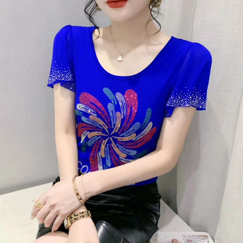 # 5693 Черная синяя сетчатая футболка с бриллиантами сексуальная облегающая