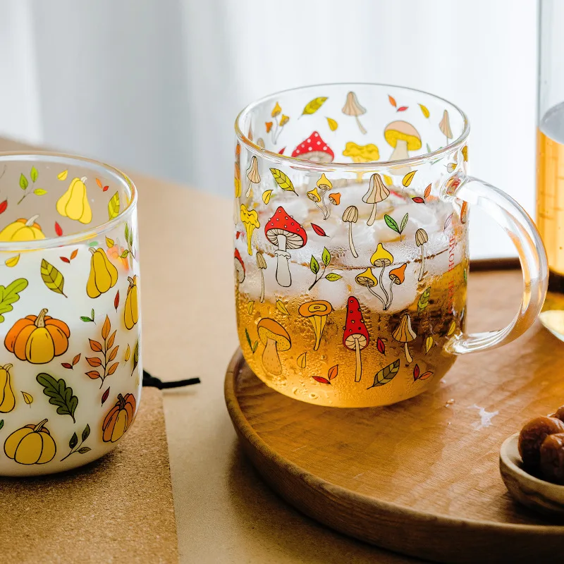 

Heat-Resistant with Handle Glass Mug Breakfast Milk Cups Cute Office Home Coffee Mugs Lemon Mushroom Pumpkin Pattern Drinkware