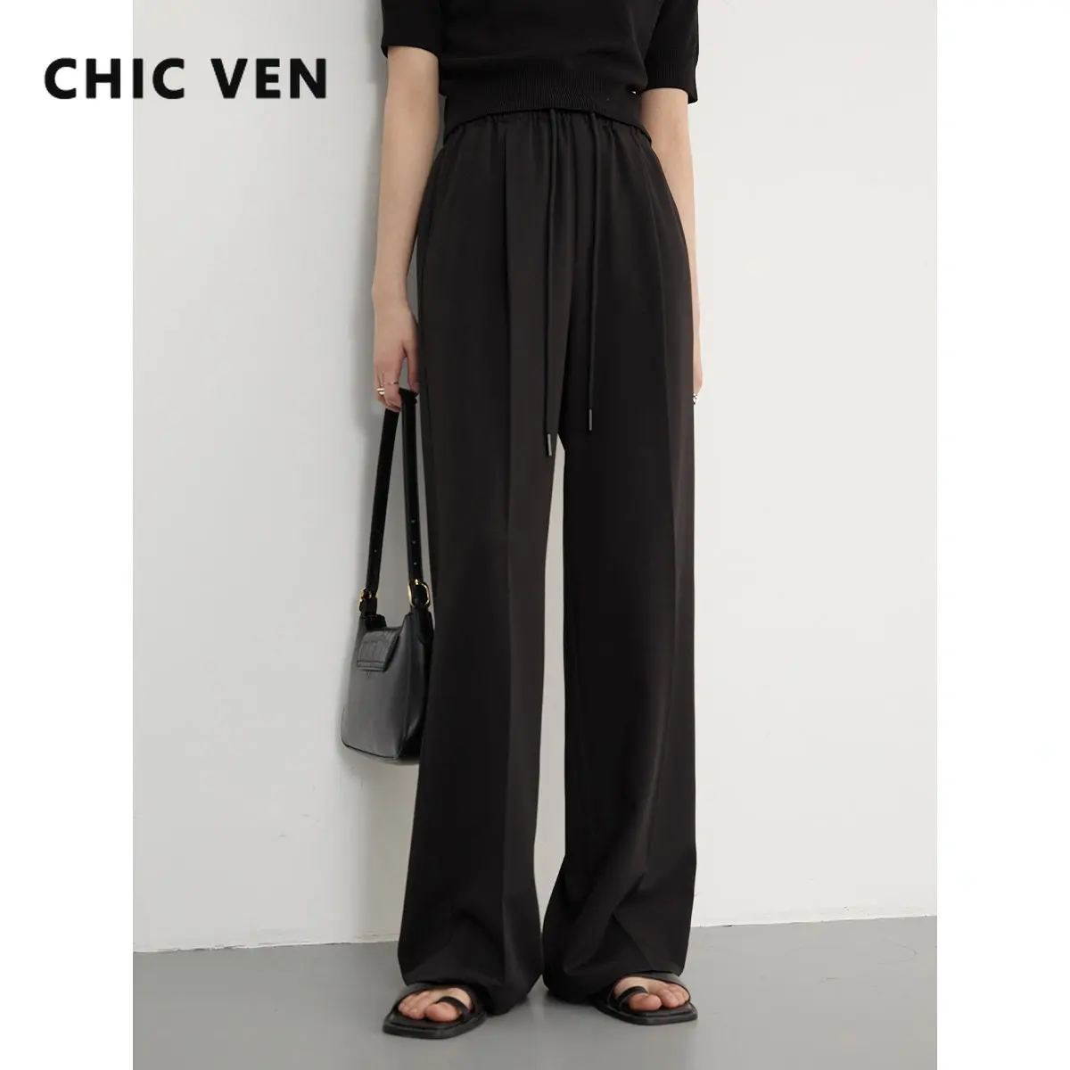 CHIC VEN Women's Pants Loose Drawstring Elastic Casual Trousers High Waist Sports Pant for Woman Spring Autumn 2023