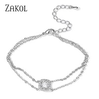 zakol brand korean fashion geometric square cubic zirconia double chain charm bracelets for women simple wedding jewelry