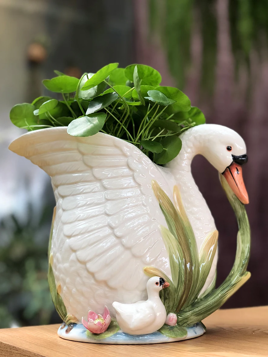 

White Ceramic Swan Flowers Vase Home Decor Crafts Room Wedding Decoration Wine Cabinet Ornament Porcelain Animal Figurines