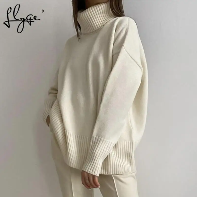 Женский свитер оверсайз водолазка джемперы с длинным рукавом зимний толстый