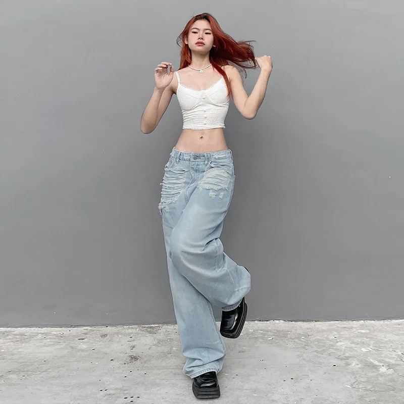 Women's Jeans Wide Leg Pants Trousers Women Streetwear Y2k Vintage Clothes Casual Distressed Jeans Gradient Loose Denim Pants