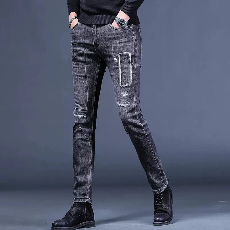 Autumn Men's Black Gray Ripped Jeans Slim Fit Straight Pants Streetwear Fashion Patchwork Patch Denim Trousers CP2006