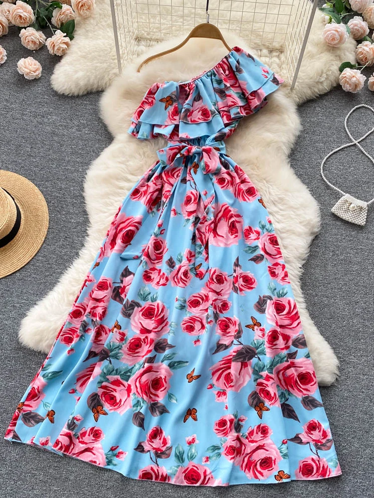 

Hikigawa Chic Fashion Woman Dress Sexy One Off Shoulder Floral Printed Tied Slim Waist Dresses For Women Elegant Vestidos Mujer