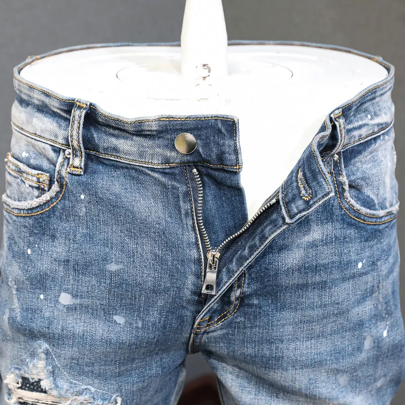Уличные модные мужские джинсы в стиле ретро потертые синие Стрейчевые рваные с
