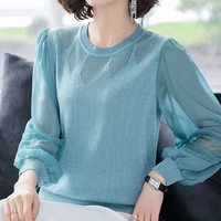 spring autumn new low neck hollow knit sweater womens tops thin loose short summer lace t shirt shirt tide pullover