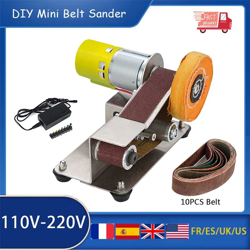 DIY Mini Belt Sander, Electric Belt Grinder Polishing Grinding Machine with 10 Sand Belts, Speed Control Adjustable 110V/220V