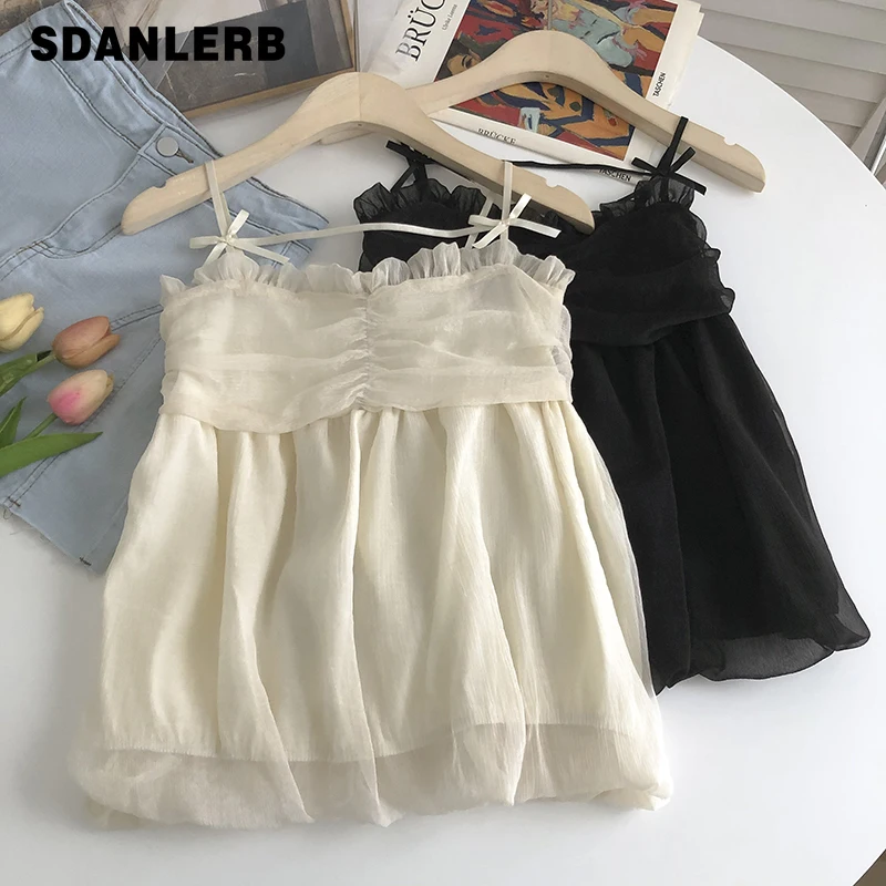 

2022 Summer New Korean Style Sweet Crop Tops Versatile Lotus Leaf Mesh Outer Wear Vest Sleeveless Doll Camisole for Women