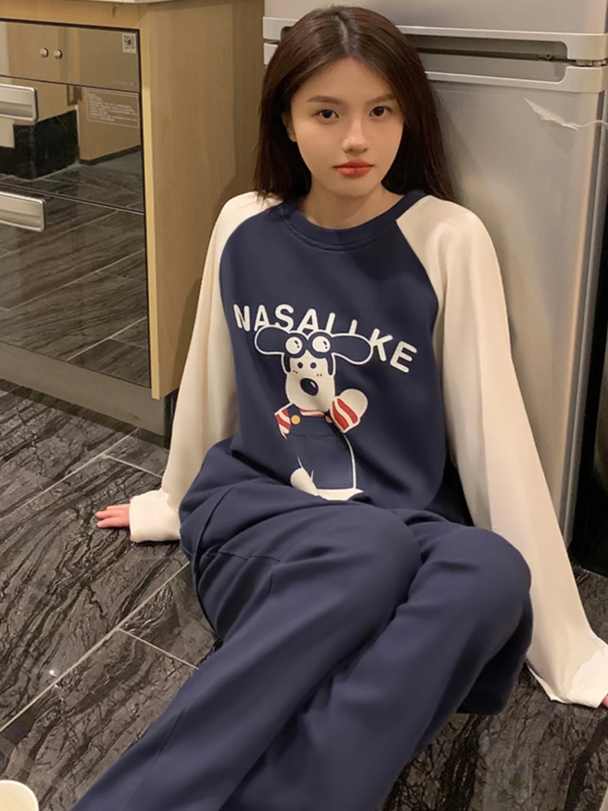 Korean Sle Pajamas Women's Spring and Autumn Pure Cotton Long sleeve Cute Cartoon Simple Set Winter Can Be Worn outsi...