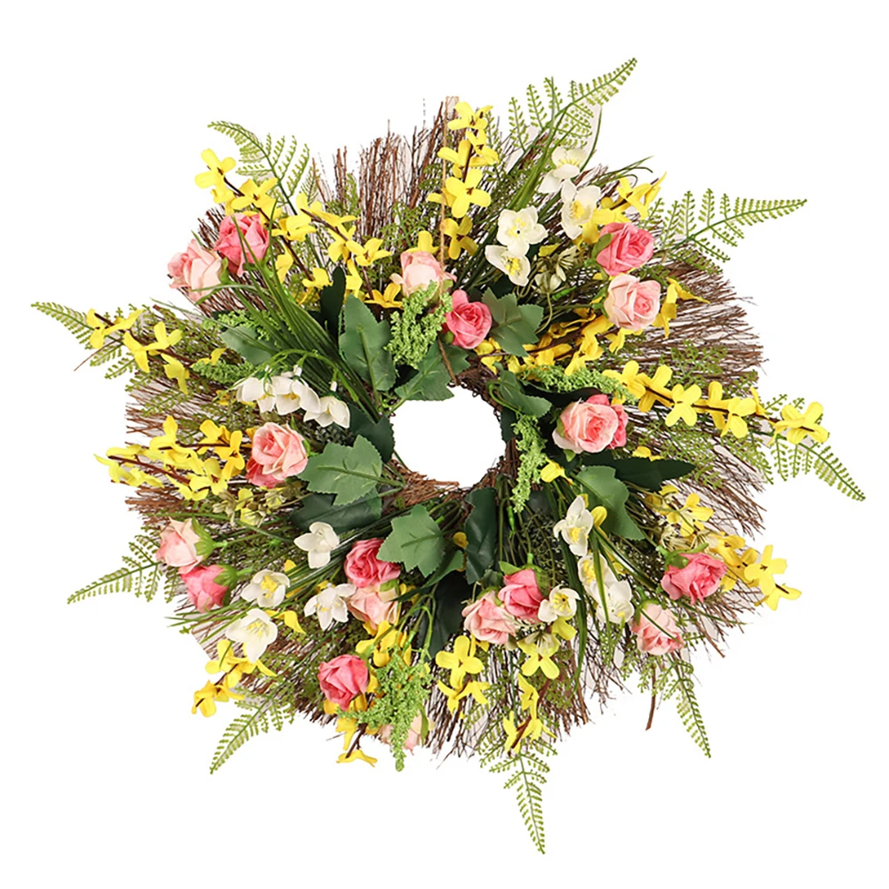 

Spring Wreath For Front Door - Colorful Floral Wreath With Rose, Winter Jasmine, Daisy And Ferns For Wedding Wall Decor