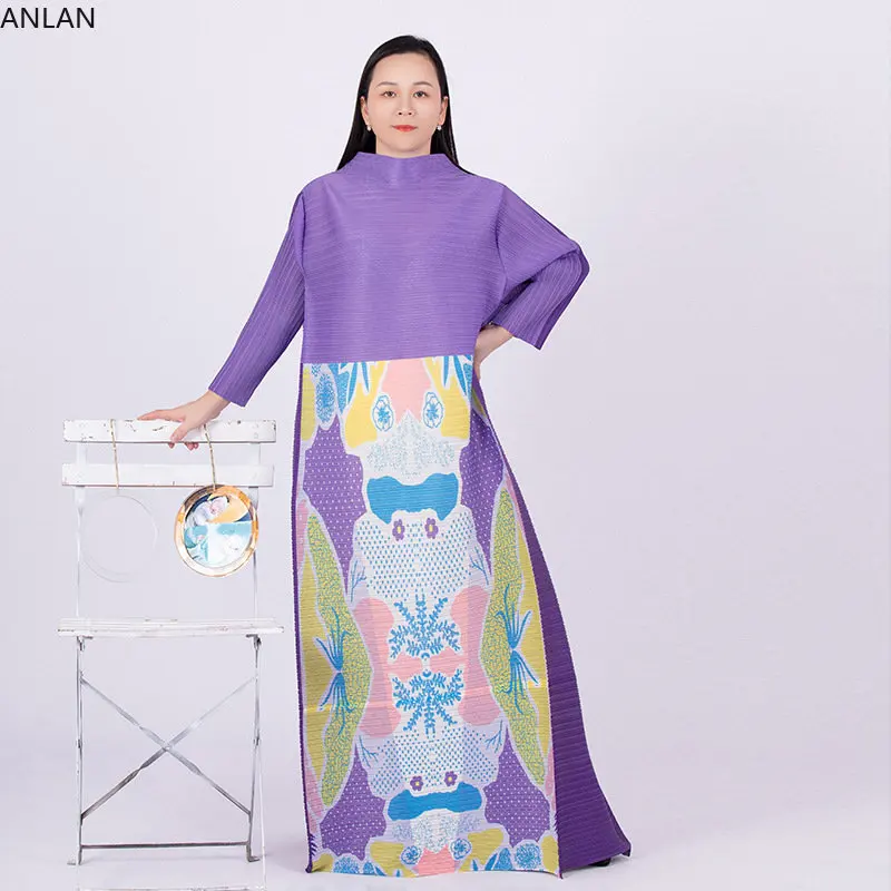 

Женское плиссированное платье миаке, длинное платье до щиколотки с круглым вырезом и длинными рукавами, с цветочным принтом, Новинка лета 2023