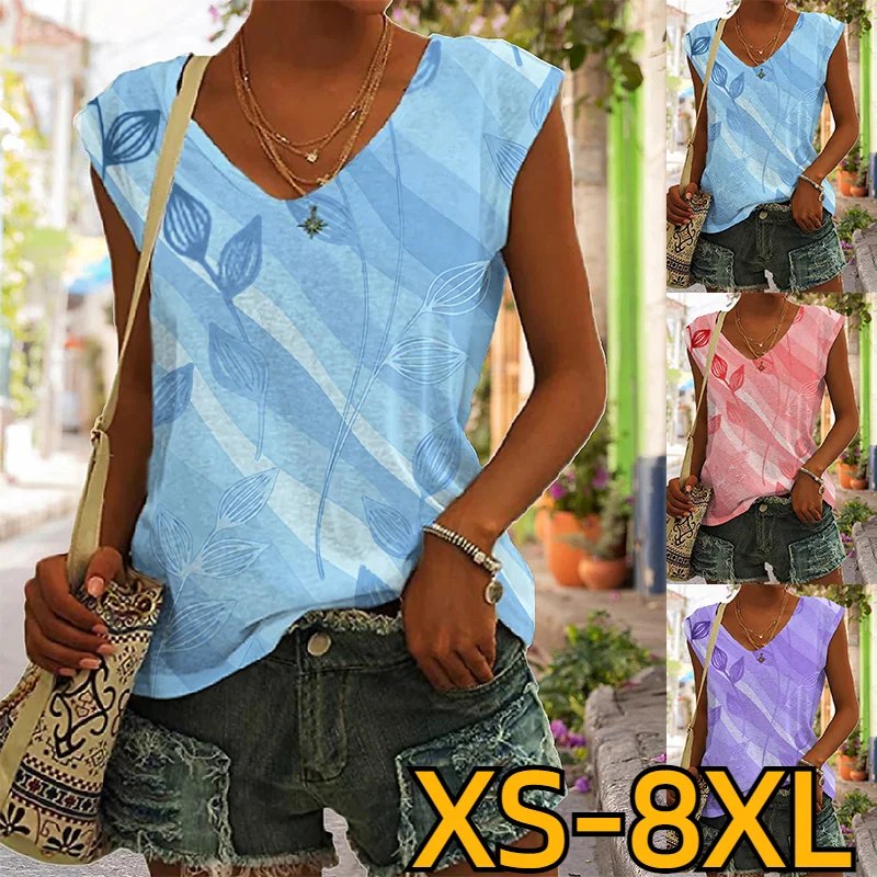 

Women's Top T-shirt Plant Leaf Printing Fashion Women's Sleeveless V-neck New Tank Top Basic XS-8XL