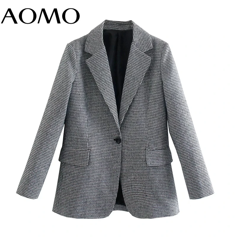 

AOMO Women Plaid Tweed Blazer Coat Vintage Notched Collar Pocket 2021 Winter Female Chic Outwear 6P77A