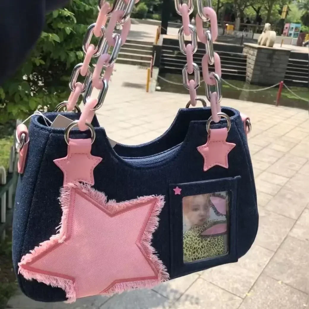 

Y2K Vintage Korean Fashion Shoulder Underarm Harajuku Star Tote Denim Bag Chain Ladies Bags Zip Purses Bagutte Handbags Women