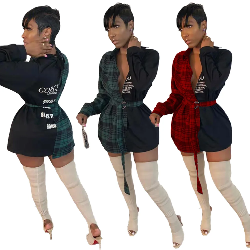 

Женское платье-рубашка с отложным воротником, длинным рукавом и поясом