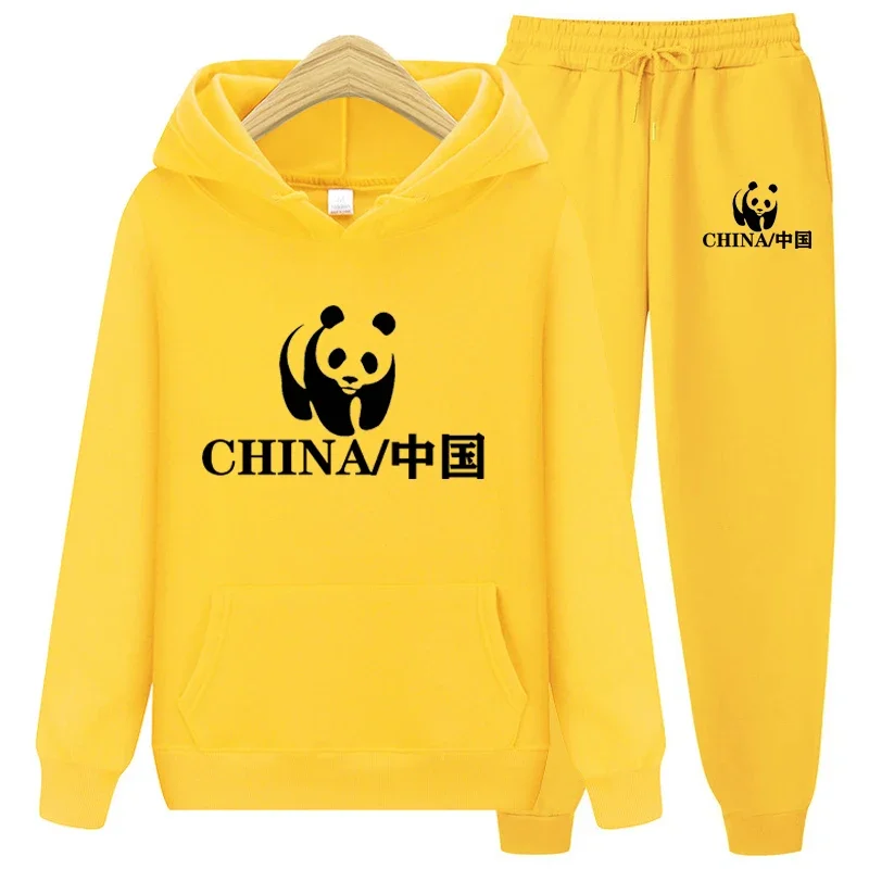 

Panda China Print 2 Pieces Suit Men Women Tracksuit Hooded Sweatshirt+Drawstring Pants Male Sport Hoodies Running Sportswear Set