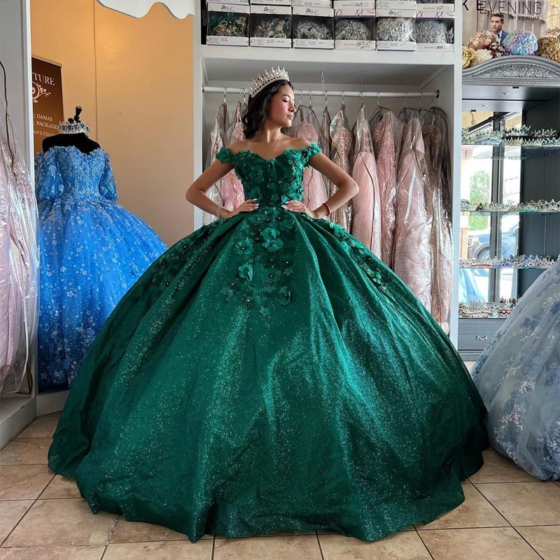 

Emerald Green Bling Sequin Sweet 16 Quinceanera Dresses with 3D Applique Beads Corset Dress Vestidos De 15 Anos Masquerade xv Dr