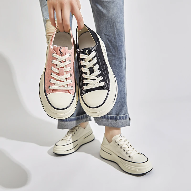 Canvas Designer Casual Sneakers Women's Sports Shoes Flats Chunky Platform Sneakers Girls 2023 Black Thick Bottom Tennis Female
