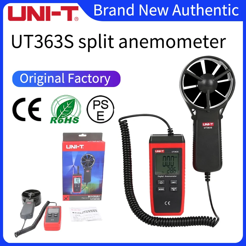 

Цифровой анемометр раздвоенного типа UNI-T UT363S, точный датчик скорости ветра, большой ЖК-дисплей, показывает показатели сохранения данных