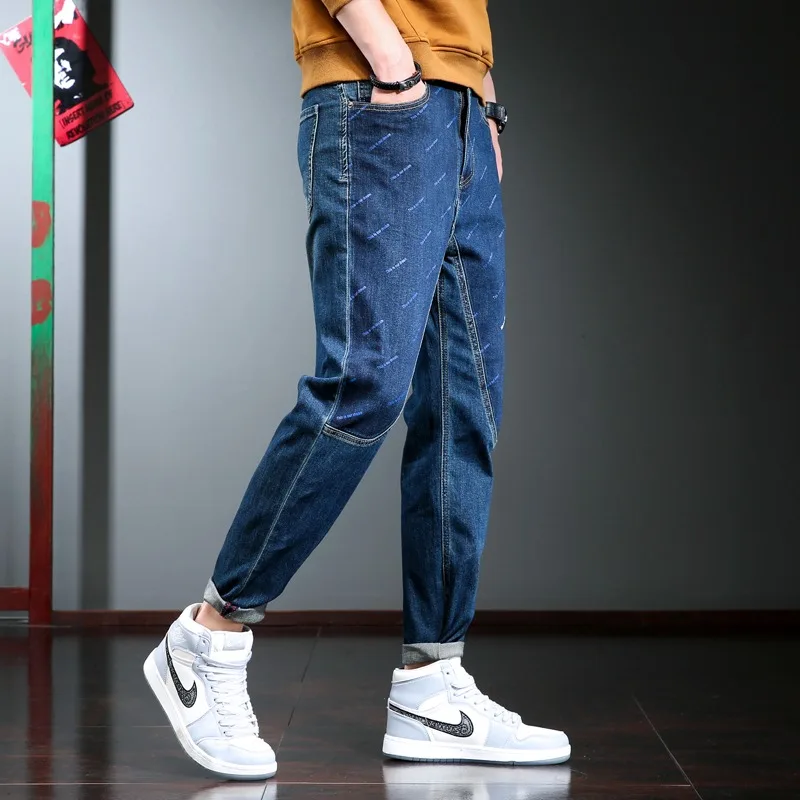 2022 Fashion Patchwork Jeans Men Casual Pencil Pants Blue Printed Jean Korean Style Streetwear Straight Denim Trousers