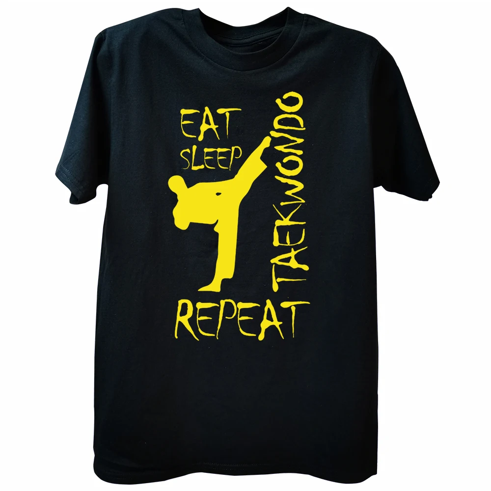 

Футболка мужская с коротким рукавом, смешная хлопковая уличная одежда с рисунком и надписью «Eat Sleep Taekwondo Repeat», подарок на день рождения, Летн...