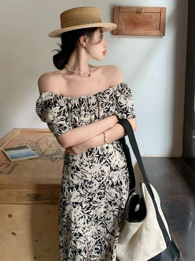 

French Retro One-shoulder Floral Dress Women's Summer 2021 New Temperament Slit Design Sense Niche Skirt