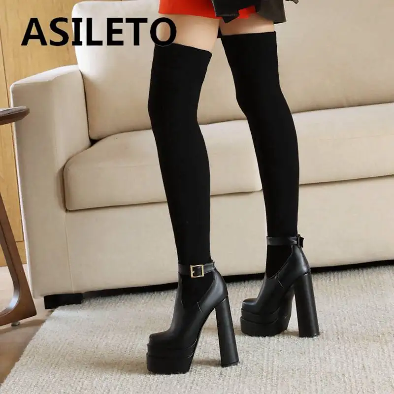 ASILETO/женские эластичные ботинки до бедра 65 см вязаные с квадратным носком 14