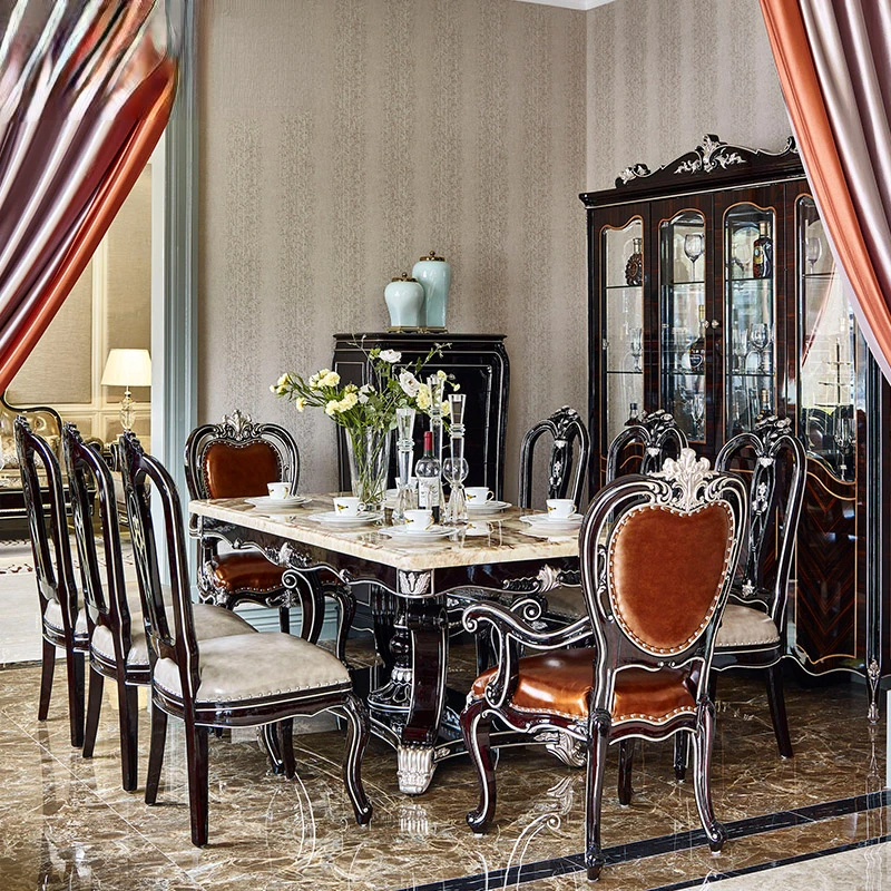 

Европейский стиль обеденный стол и стул комбинация неоклассический роскошный Ресторан кожа ткань твердая древесина резной