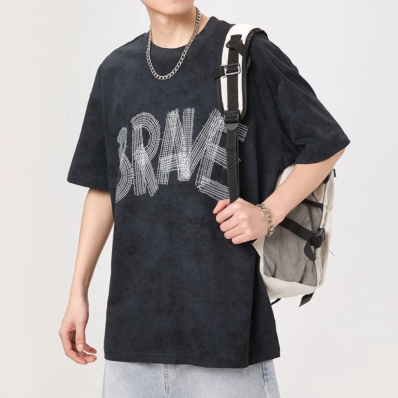 Модная и удобная свободная Мужская футболка американская вязаная иглой с