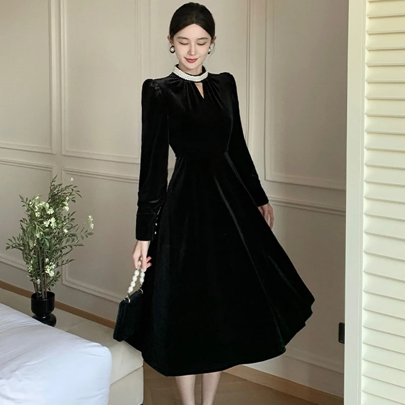 Осеннее черное бархатное платье для женщин французское винтажное офисное