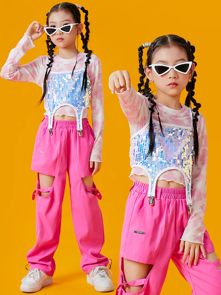 

New Hip Hop Girls Dance Costume Pink Sequin Tops Cargo Pants Loose Kids Street Dance Kpop Outfit Jazz Performance Wear DNV17105