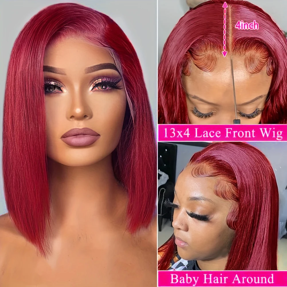 13x4 99J короткие парики боб бразильские человеческие волосы бордового цвета 13X4