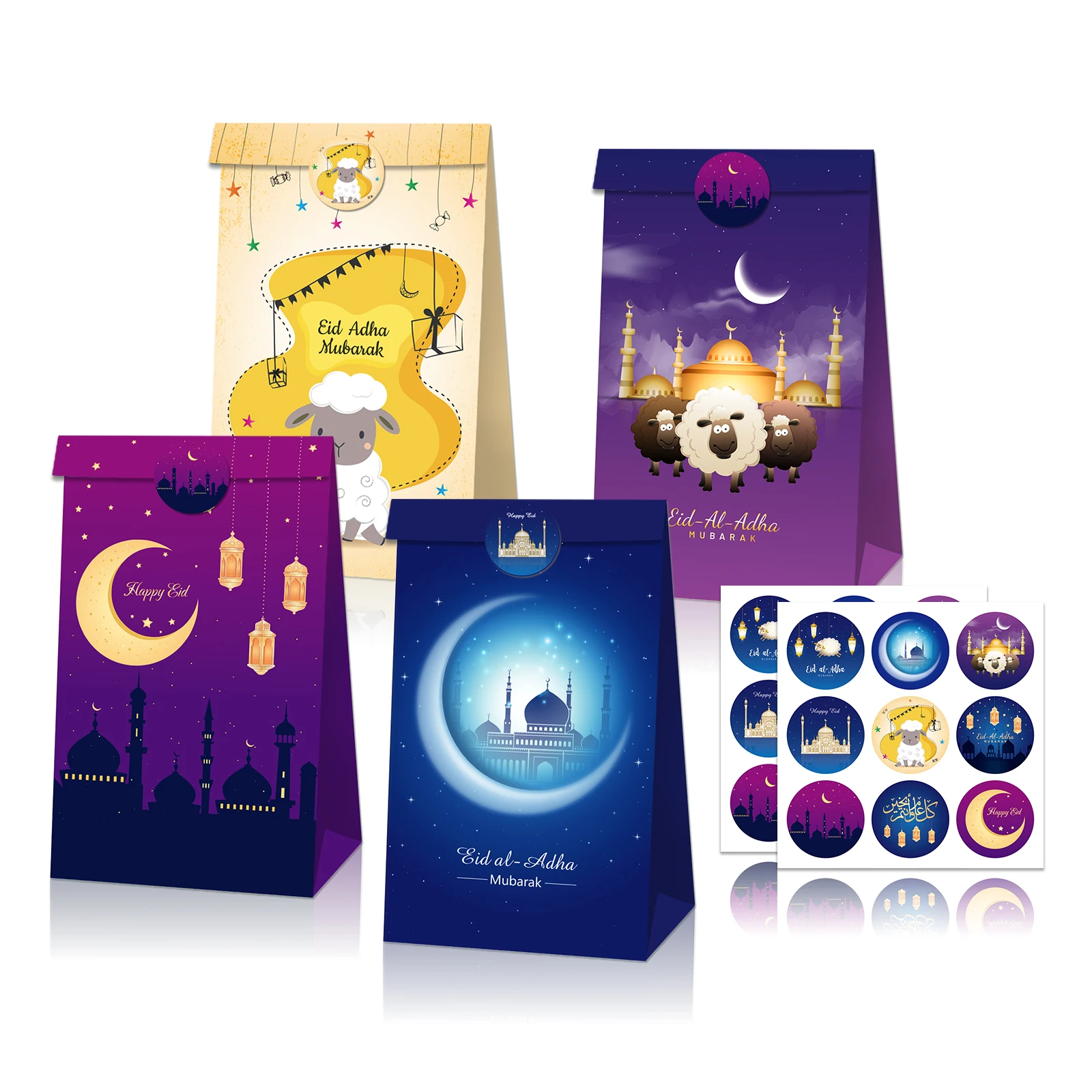 

LB099 12Pcs Islam Festival Happy Eid Adha Mubarak Party Candy Kraft Paper Gift Bags with Stickers Eid al-Adha Party Decorations