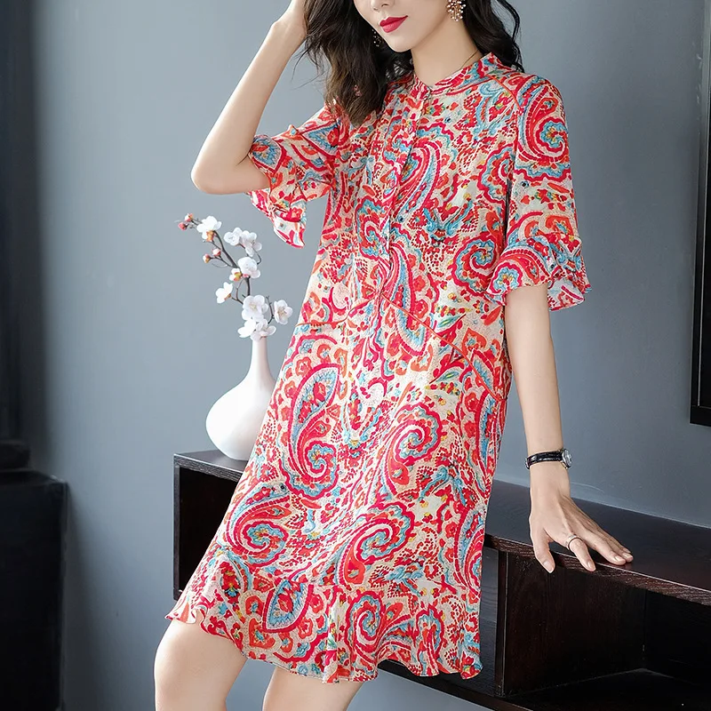 

Chic and Elegant Dresses for Women 2022 Summer Flare Half Sleeve Women's Vintage Dress Ruffles 100% Real Silk Woman Casual Dress