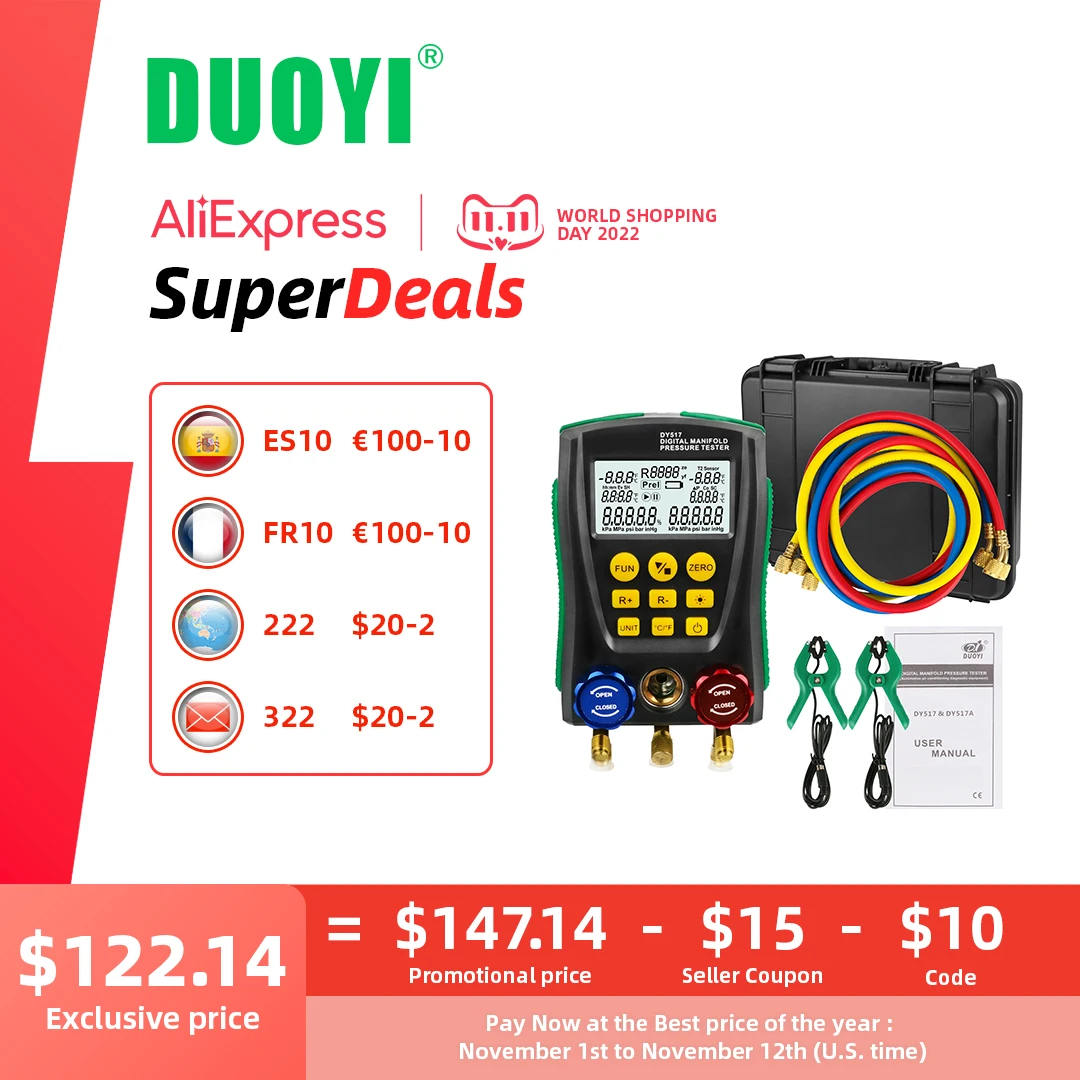 Цена Цифровой измеритель холодильника DY517A, тестер для холодильного оборудования, системы кондиционирования и кондиционирования, с двойным давл... Купить Цифровой измеритель холодильника DY517A, тестер для холодильного оборудования, системы кондиционирования и кондиционирования, с двойным давл...