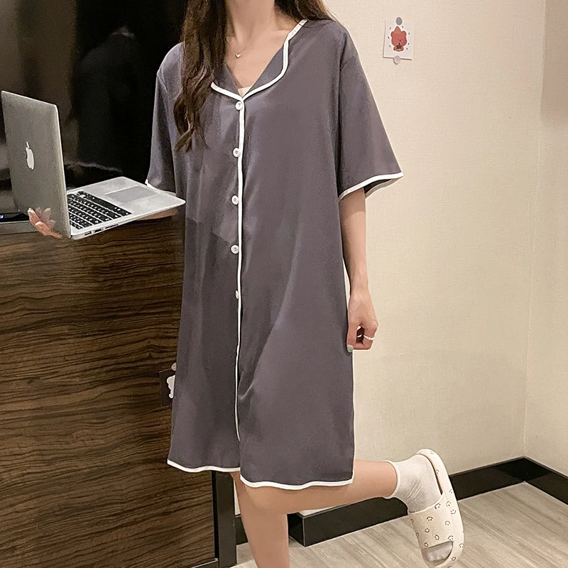 CAIYIER Summer Silk Nightdress For Women Casual Solid Color Female Sleepshirts Plus Size 4XL Night Shirt Girls Underwear Clothes
