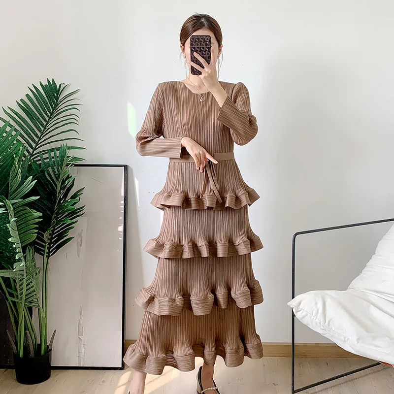 

Vintage Ruffles Pleated Dress for Women Casual O-neck Long Sleeve Loose Dresses Summer 2023 Elegant Solid Vestidos Ladies