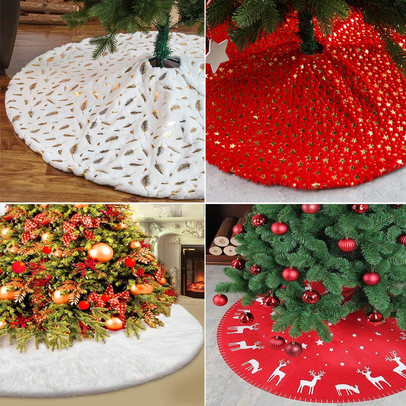 

Plush Merry Christmas Tree Skirt Bronzing Feather Apron Xmas Tree Carpet Ornaments Tree Skirt New Year Navidad Home Decor