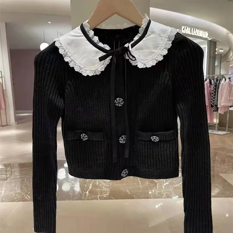 New Lace-up Peter Pan Collar Women Knit Sweater Cardigan 2022 New Rhinestone Buttons Long Sleeve Ladies Single-Breasted Knitwear