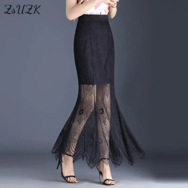 

ZUZK Women Fashion Lace Bodycon Fishtail Skirt Summer Fashion High Waist Slim Through Sexy Skirts Long Trumpet Skirts Black