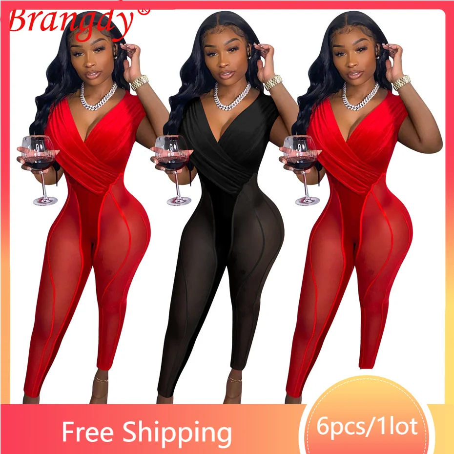 

Korea Velvet Patchwork Jumpsuit One Piece Outfit Women Sexy Sleeveless V-neck Rompers Bodycon Overall Full Length B8821