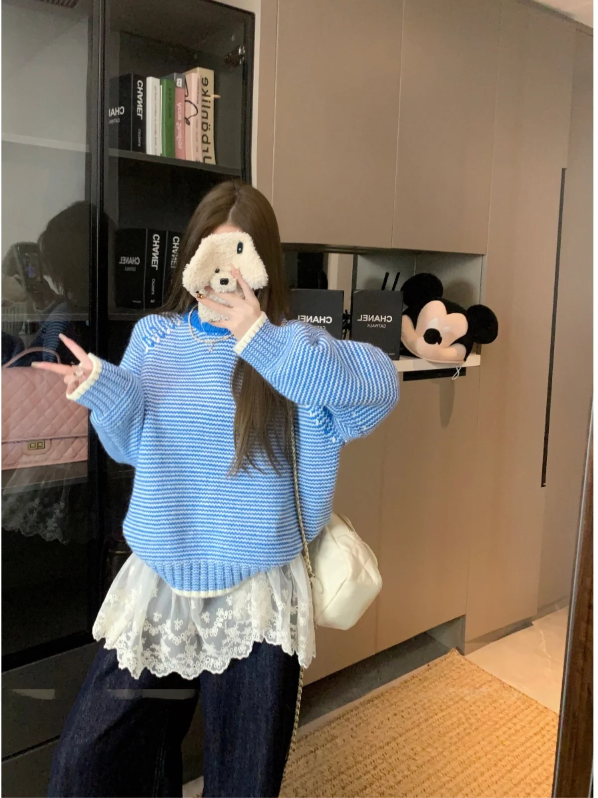 Популярный дизайн корейский свитер в синюю полоску женский зимний 2024 новый