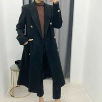 women fall winter black coat high street double breasted casual warm belted outerwear female fashion solid long sleeve jackets