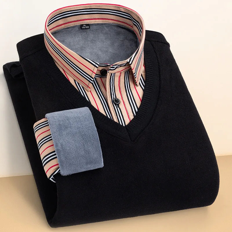 Fake Two Piece Warm Shirt Long Sleeve V-neck Pullover Plush Sweater Middle Aged Vertical Stripe Autumn Winter Thickened Sweater