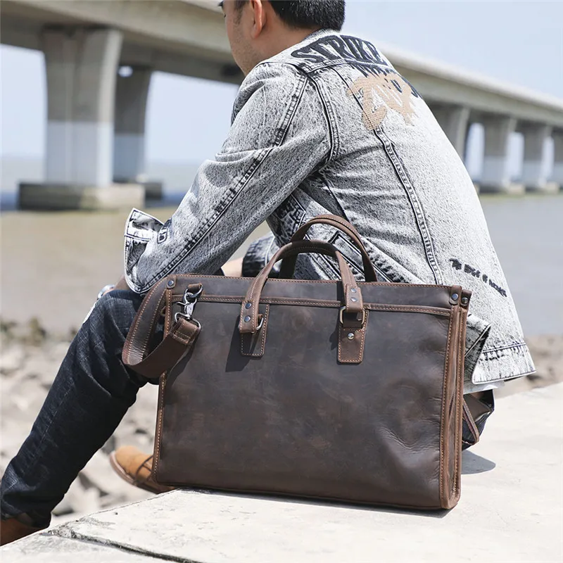 Business vintage crazy horse cowhide men's briefcase large capacity work handbag travel genuine leather laptop messenger bag